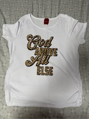 White Short-Sleeve Graphic Tee with Leopard 'God Above All Else'